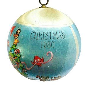 Vintage 1980 Hallmark Grandson Satin Ornament Snowman Tree Raccoons Skating Sled